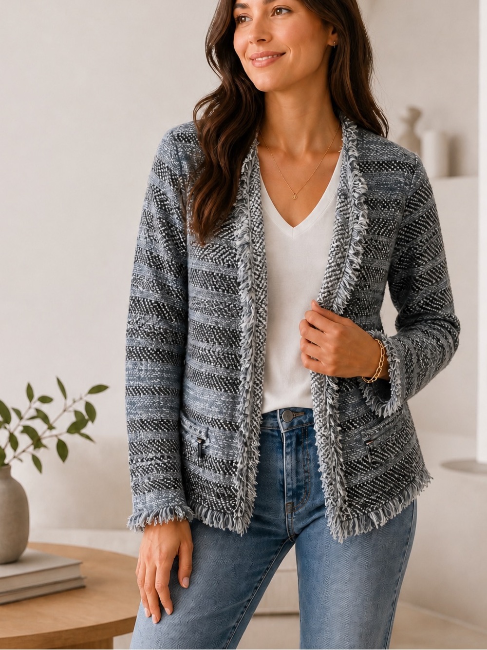 NIC+ZOE Textured Gray Fringed Cardigan